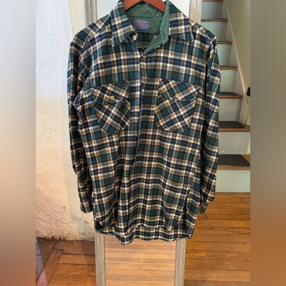 Vintage Virgin Wool Pendleton Green and Blue Casual Button Down Shirt